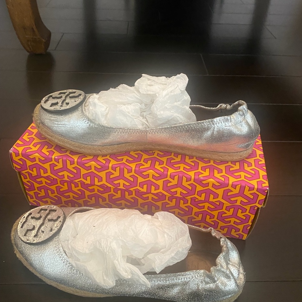 Tory Burch Silver Metallic Logo Espadrille Flats